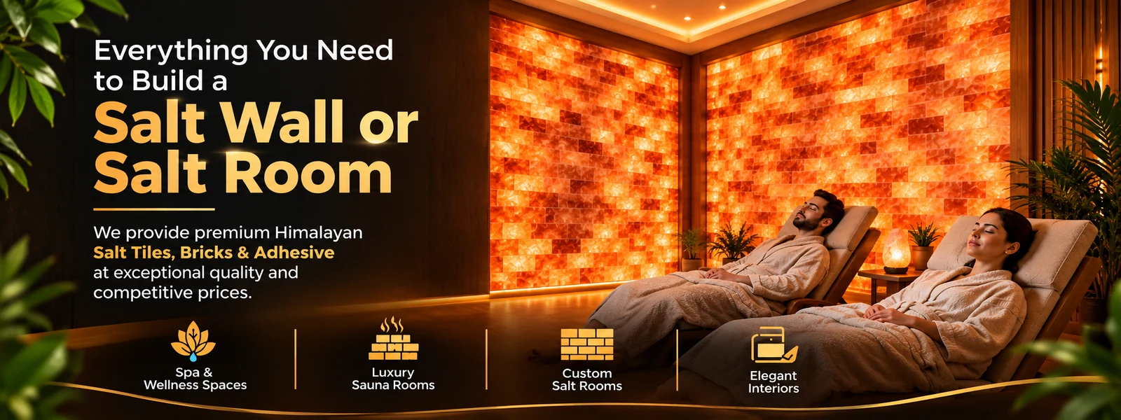 Everything you need to build a salt wall or salt room. Premium salt tiles, bricks and adhesive for spa and wellness spaces, luxury sauna rooms, custom salt rooms and elegant interiors.