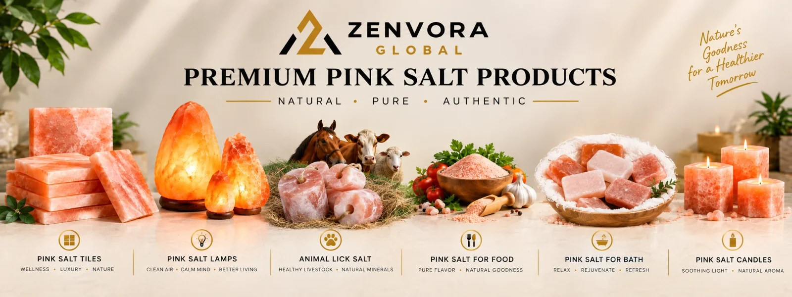 Zenvora Global premium pink salt products including tiles, lamps, animal lick salt, food salt, bath products and candles