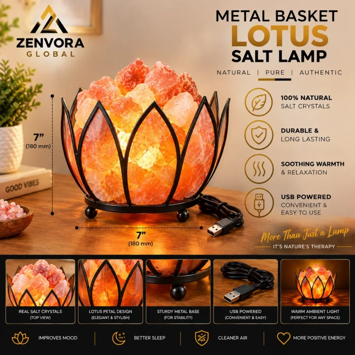 Metal Basket Lotus Pink Salt Lamp (7 x 7 in)