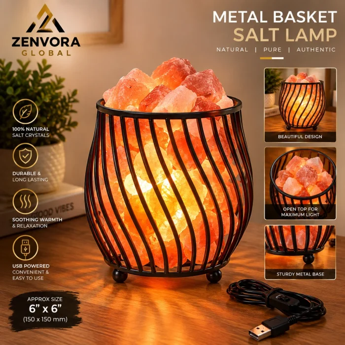 Metal Basket Pink Salt Lamp (Curved Wavy 6 x 6 in)