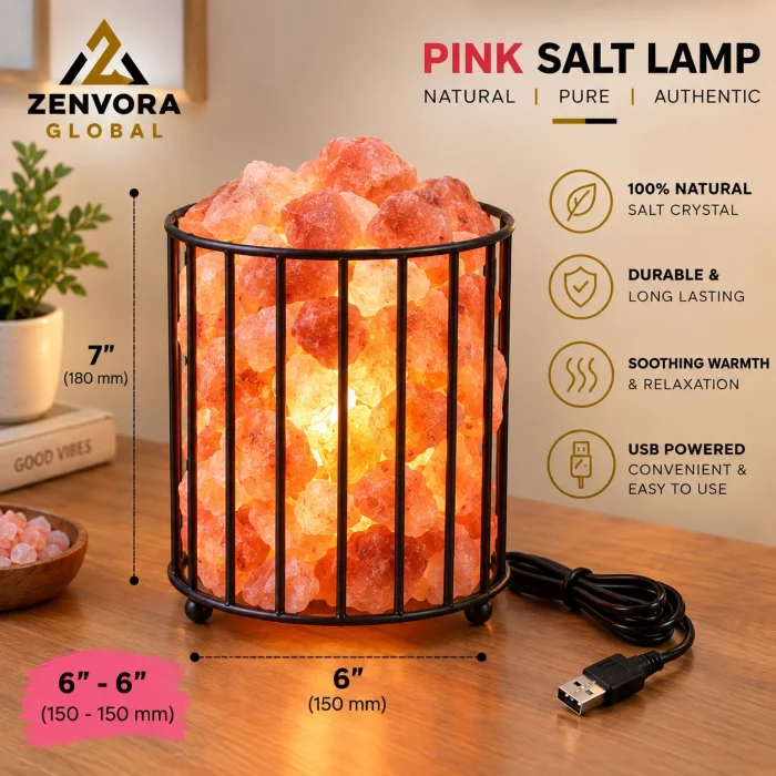 Metal Basket Pink Salt Lamp (Cylindrical 6 x 7 in)