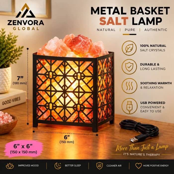Metal Basket Pink Salt Lamp (Square Lattice 6 x 6 x 7 in)