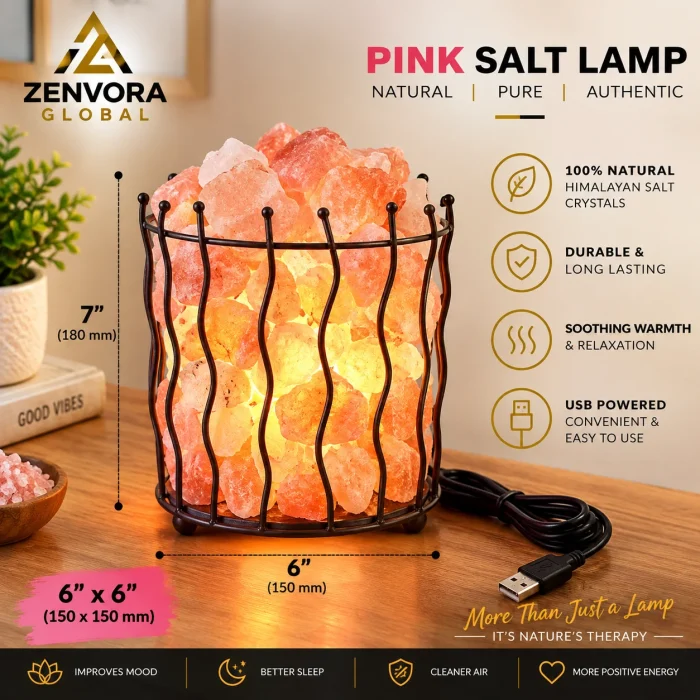 Metal Basket Pink Salt Lamp (Wavy Wire with Finials 6 x 6 x 7 in)
