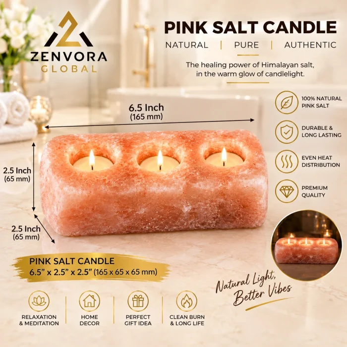 Pink Salt Candle Holder (3-Hole Rectangular Multi-Holder 6.5 x 2.5 x 2.5 in)