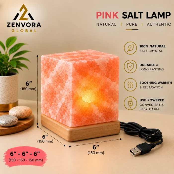 Pink Salt Cube Lamp on Wooden Base (6 x 6 x 6 in)