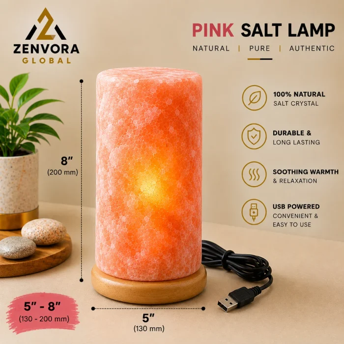 Pink Salt Cylinder Pillar Lamp on Wooden Base (5 x 8 in)