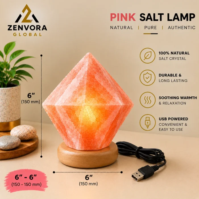 Pink Salt Diamond Lamp on Wooden Base (6 x 6 in)