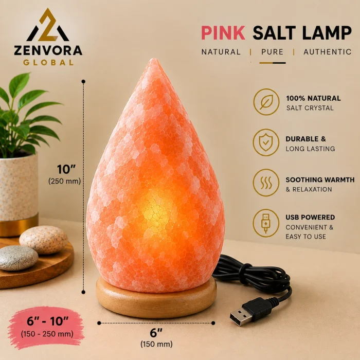 Pink Salt Flame / Cone Lamp on Wooden Base (6 x 10 in)