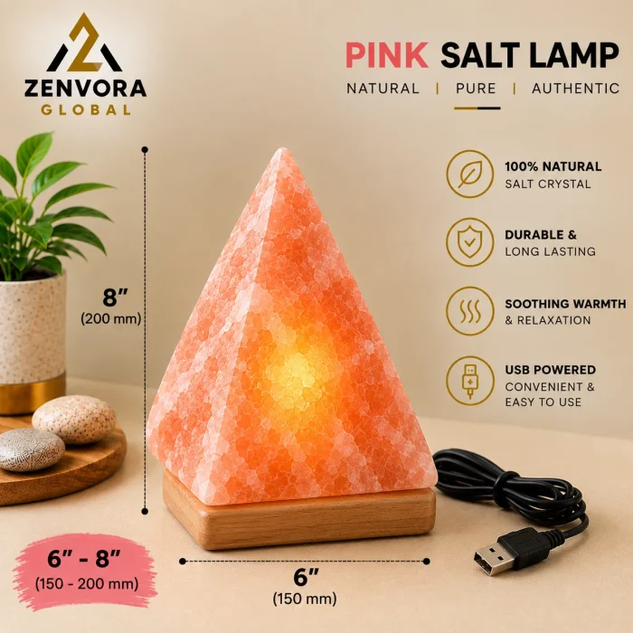 Pink Salt Pyramid Lamp on Wooden Base (6 x 8 in)