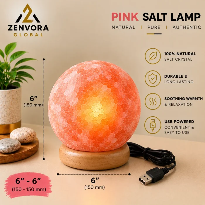 Pink Salt Sphere / Ball Lamp on Wooden Base (6 x 6 in)