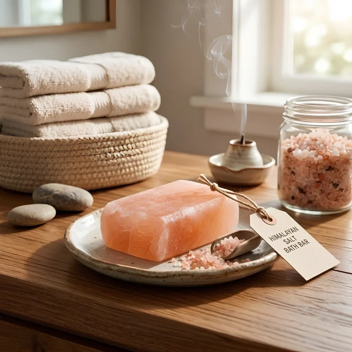 Pink salt bath bar with towels
