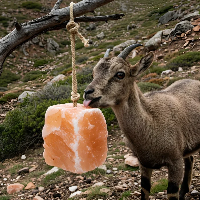 Goat beside a hanging salt lick