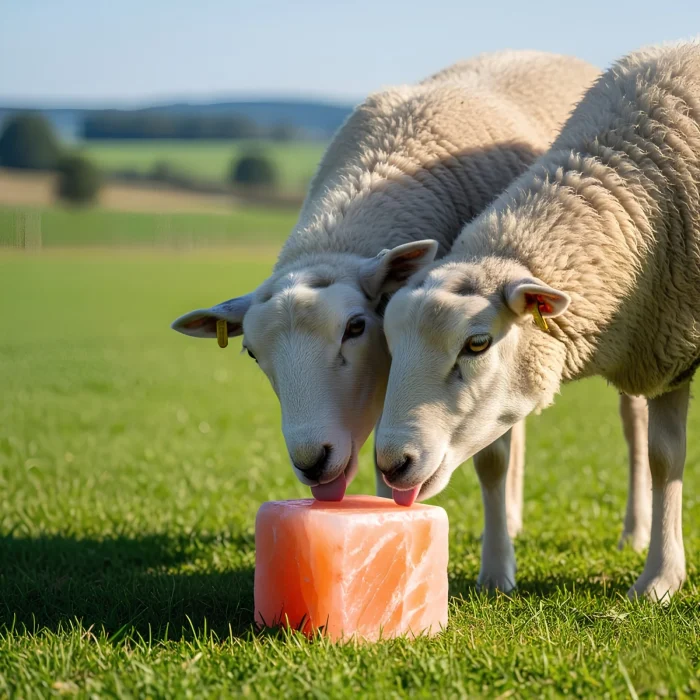 Sheep using a pink salt lick