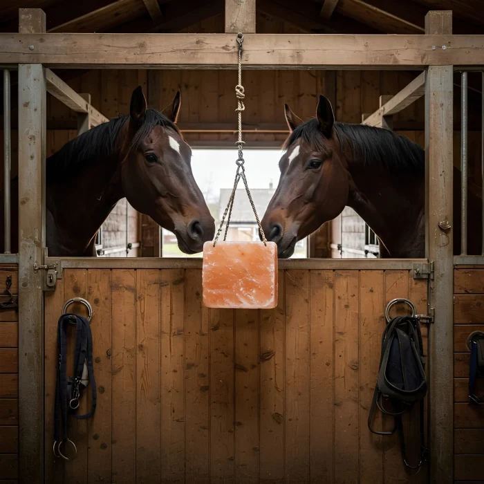 Horses beside a suspended salt block