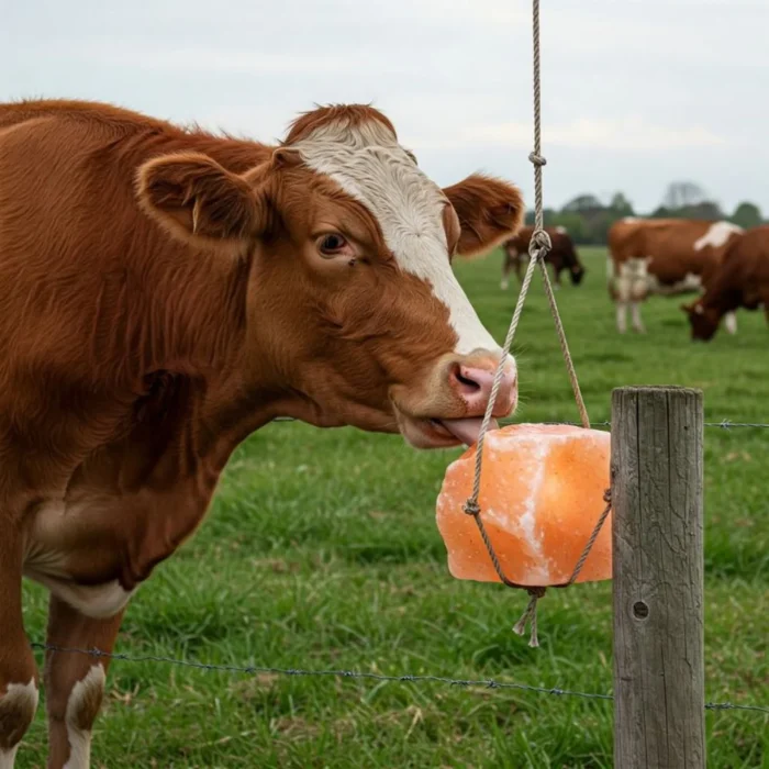 Cattle using a hanging salt lick