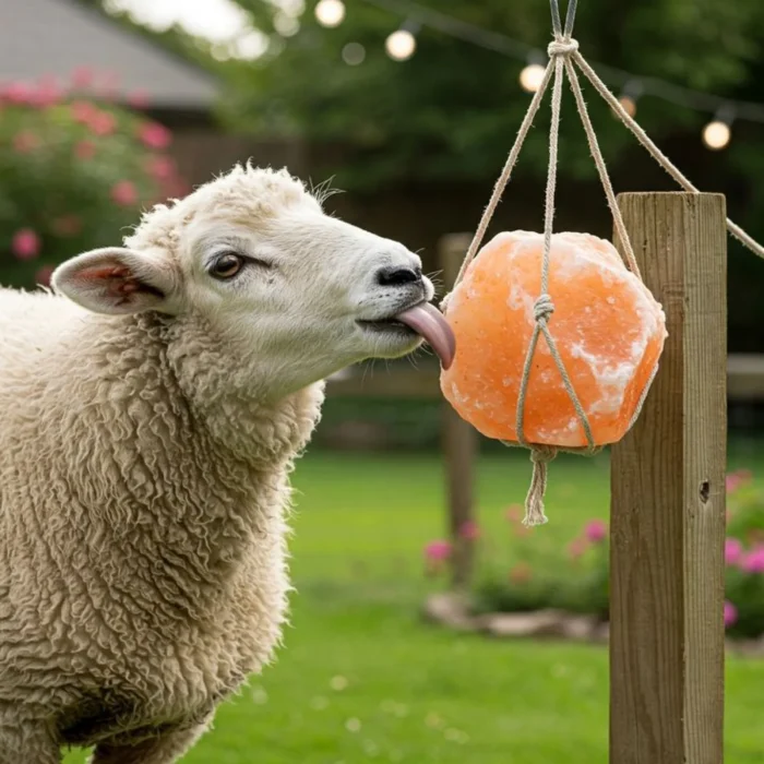 Sheep beside a hanging salt block